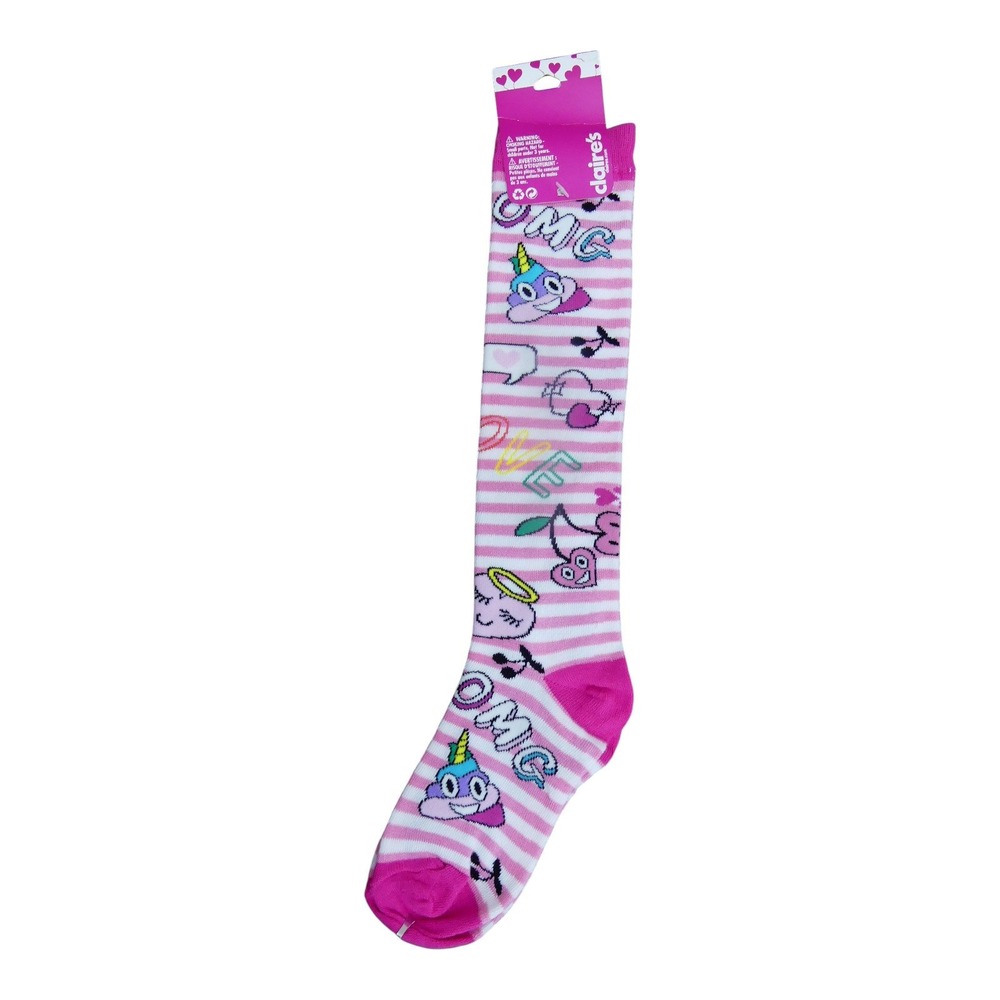 Claire's Knee High Socks Womens One Size Pink New Emoji Unicorn Striped